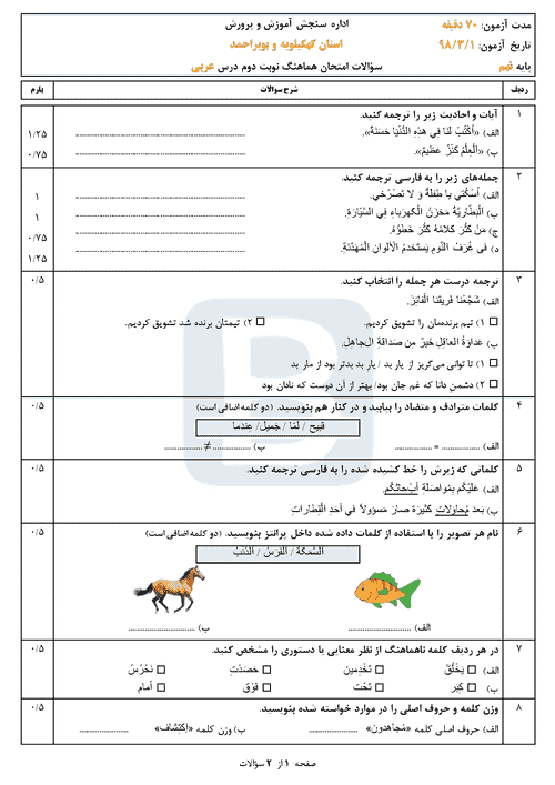  امتحان هماهنگ نوبت دوم عربی پایه نهم استان کهگیلویه و بویراحمد | خرداد 98