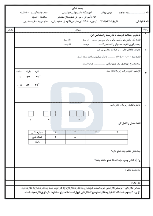  سوالات امتحان نوبت دوم ریاضی پنجم دبستان خوارزمی با جواب | خرداد 1402