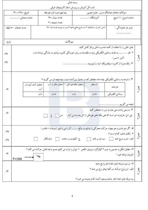  امتحان هماهنگ علوم تجربی نهم آذربایجان شرقی (ناحیه 4 تبریز) با جواب | خرداد 1400