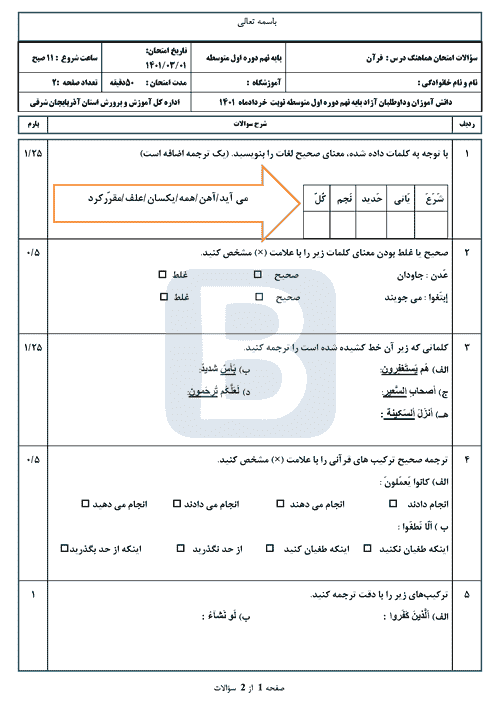  سوالات امتحان هماهنگ نوبت دوم قرآن نهم آذربايجان شرقی با جواب | خرداد 1401