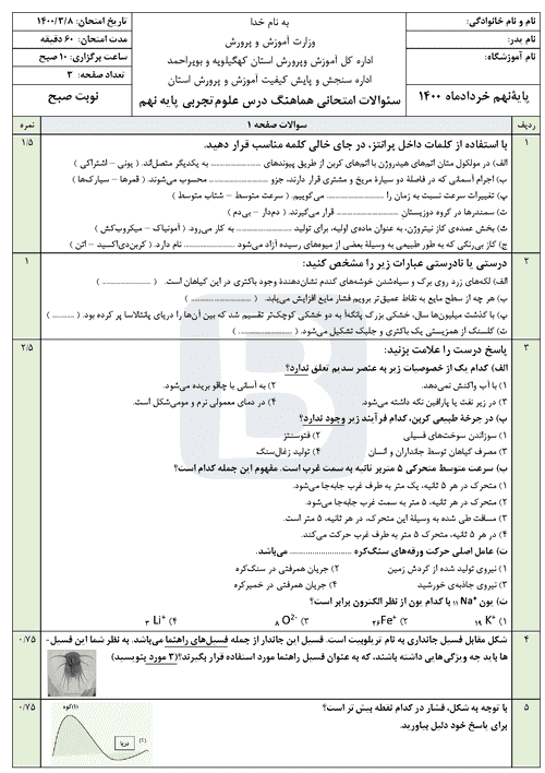  سوالات امتحان هماهنگ نوبت دوم علوم نهم کهگیلویه و بویراحمد با جواب | خرداد 1400