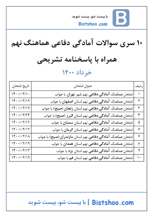  10 سری امتحان هماهنگ نوبت دوم آمادگی دفاعی نهم با جواب | خرداد 1400