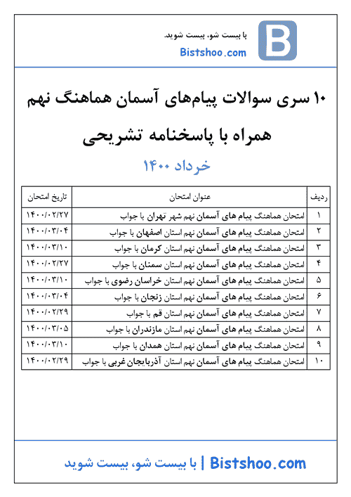  10 سری سوالات امتحان هماهنگ نوبت دوم پیام های آسمان نهم با جواب | خرداد 1400