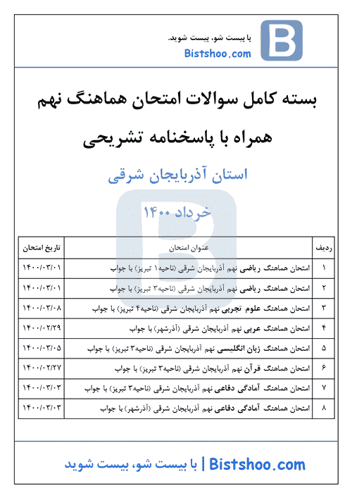  بسته کامل سوالات امتحان هماهنگ نوبت دوم نهم استان آذربایجان شرقی با جواب | خرداد 1400	