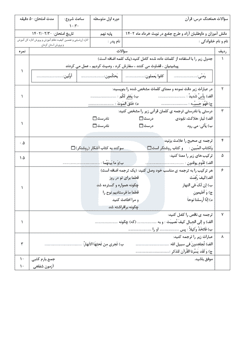  سوالات امتحان هماهنگ نوبت دوم قرآن نهم استان کرمان با جواب | خرداد 1402