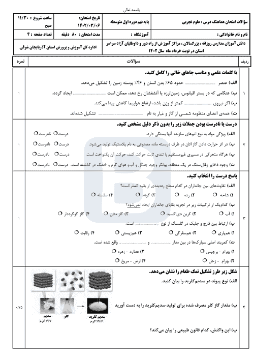  سوالات امتحان هماهنگ نوبت دوم علوم تجربی نهم آذربایجان شرقی با جواب | خرداد 1402