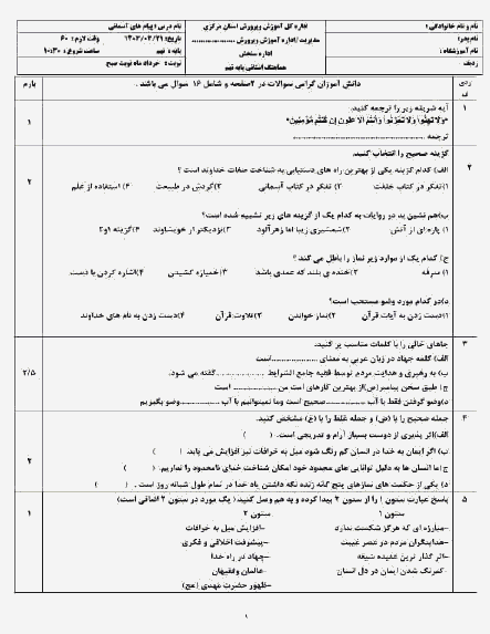  امتحان هماهنگ نوبت دوم پیام های آسمان نهم مرکزی با جواب | خرداد 1403