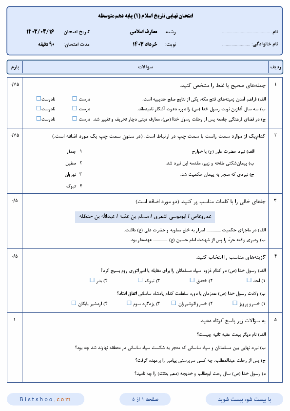  سوالات امتحان نهایی تاریخ اسلام (1) دهم رشته معارف اسلامی با جواب | خرداد 1403	