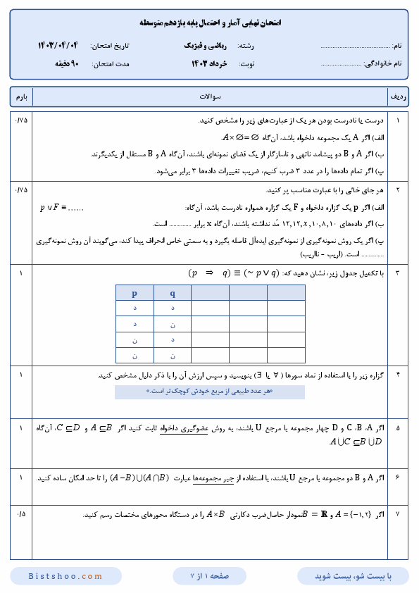  سوالات امتحان نهایی آمار و احتمال یازدهم ریاضی با جواب | خرداد 1403