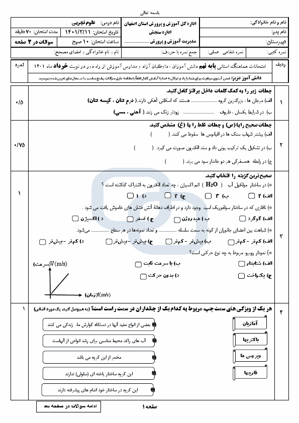  سوالات امتحان هماهنگ نوبت دوم علوم تجربی نهم اصفهان با جواب | خرداد 1401