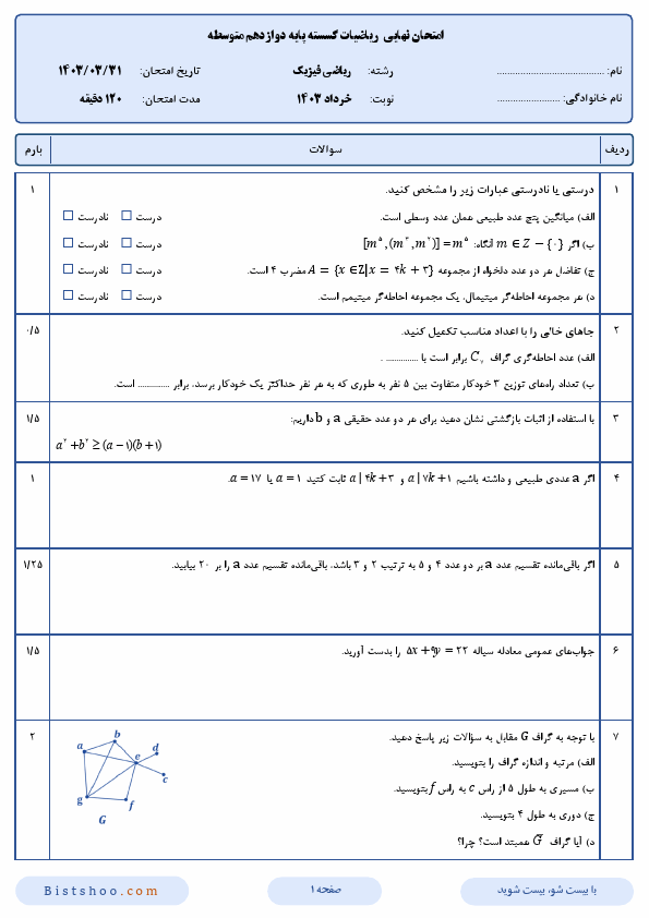  سوالات امتحان نهایی ریاضیات گسسته دوازدهم ریاضی فیزیک با جواب | خرداد 1403