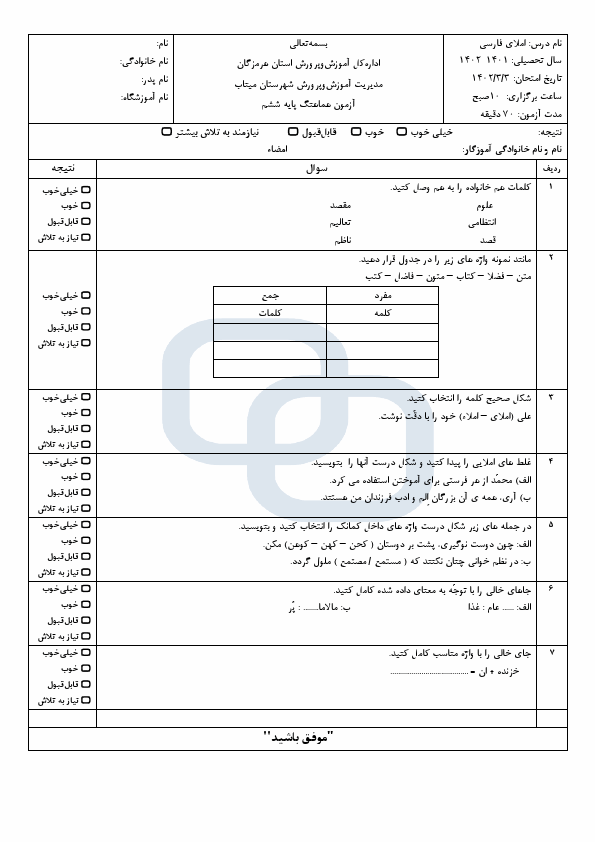  امتحان هماهنگ املای فارسی ششم ناحیه میناب با جواب | خرداد 1402