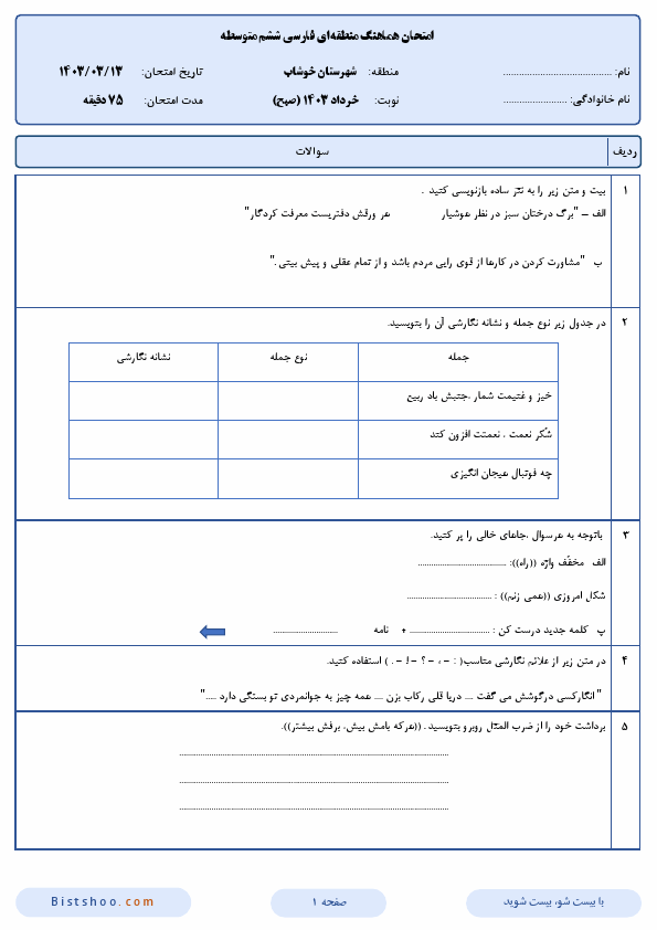  امتحان هماهنگ انشا و نگارش فارسی ششم شهرستان خوشاب با جواب | خرداد 1403 (صبح و عصر)