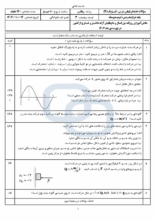  سوالات امتحان نهایی فیزیک (3) دوازدهم رشته ریاضی با جواب | دی 1402