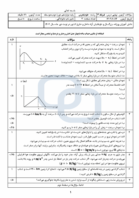  سوالات امتحان نهایی فیزیک (3) دوازدهم تجربی با جواب | دی 1402