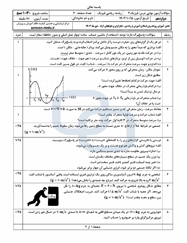  سوالات امتحان نهایی فیزیک (3) دوازدهم ریاضی فیزیک با جواب | دی 1403