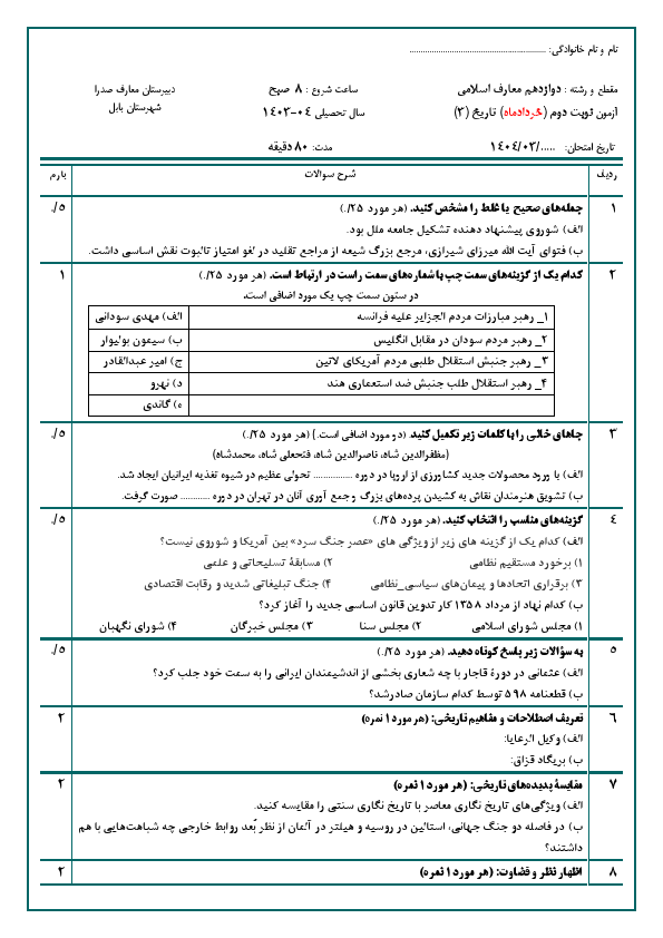  آزمون نوبت دوم تاریخ (3) معارف دوازدهم دبیرستان علوم و معارف اسلامی صدرا | خرداد 1404