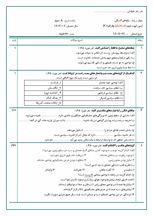  آزمون نوبت دوم جغرافیا (2) یازدهم دبیرستان امام حسین (ع) با جواب | خرداد 1404