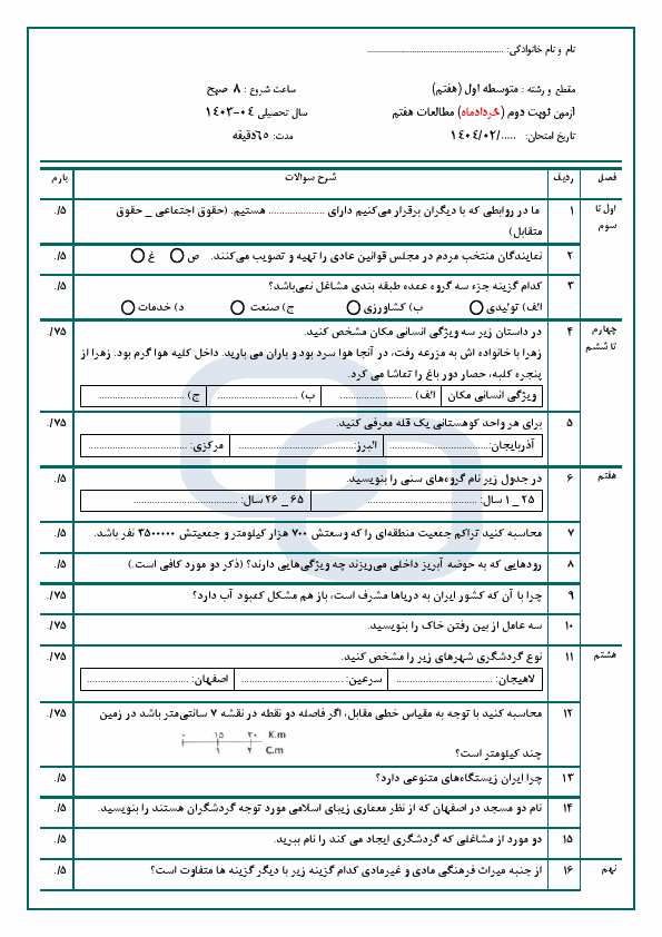  آزمون نوبت دوم مطالعات اجتماعی هفتم دبیرستان شهید ثانی با جواب | خرداد 1404