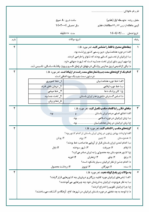  آزمون مستمر از درس 23 و 24 مطالعات اجتماعی هفتم دبیرستان امیرالمومنین (ع) | اردیبهشت 1404