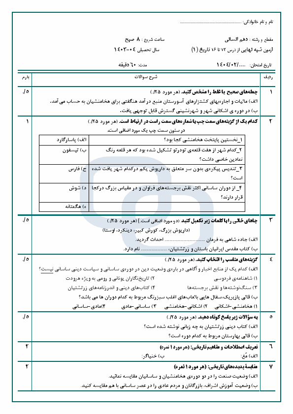  نمونه سوال مستمر درس 13 تا 16 تاریخ (1) دهم دبیرستان سبحان با جواب | اردیبهشت 1404
