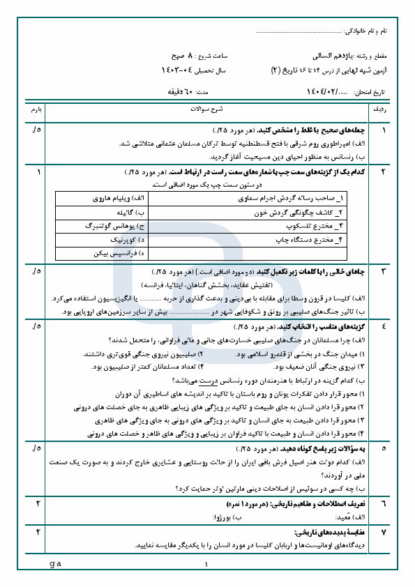  آزمون مستمر درس 14 تا 16 تاریخ (2) یازدهم دبیرستان امام حسین (ع) با جواب | اردیبهشت 1404
