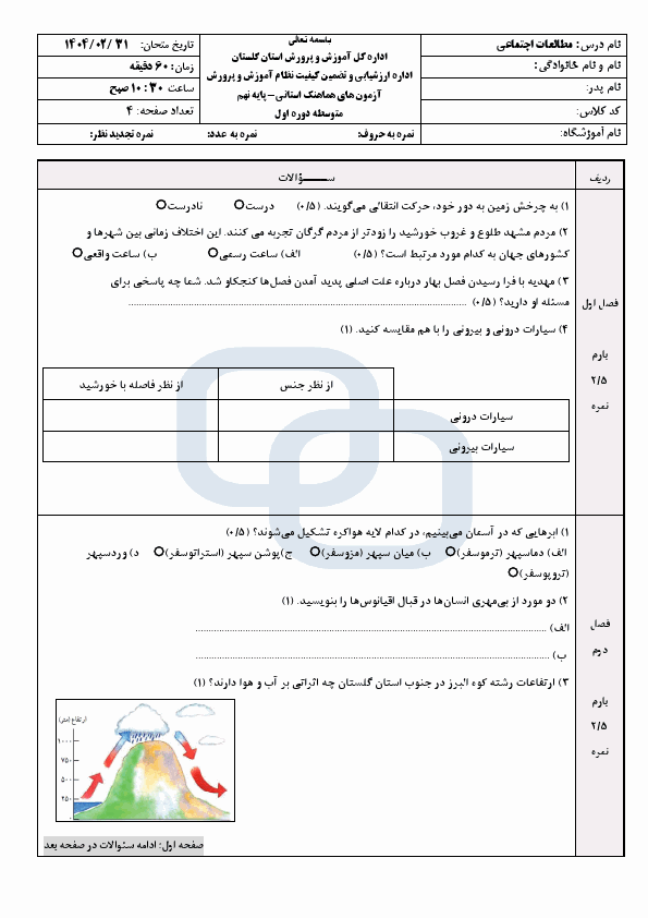  سوالات امتحان هماهنگ مطالعات اجتماعی نهم گلستان با جواب | اردیبهشت 1404