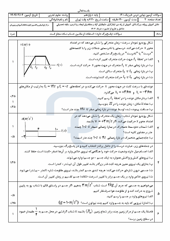  سوالات امتحان نهایی فیزیک (3) تجربی دوازدهم با جواب | خرداد 1404