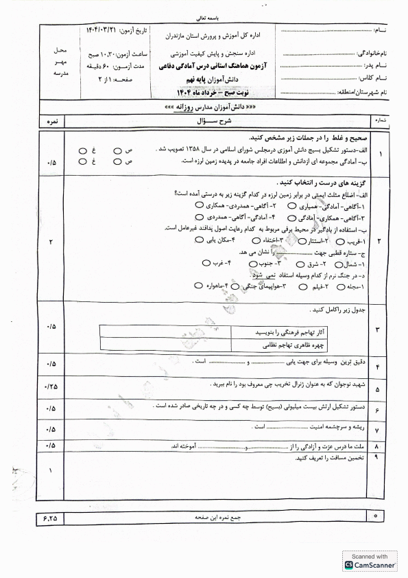  سوالات امتحان هماهنگ آمادگی دفاعی نهم مازندران با جواب | خرداد 1404