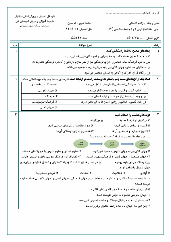 پیش‌نمایش صفحه اول نمونه سوال مستمر درس 1 و 2 جامعه شناسی یازدهم دبیرستان شهید مطهری با جواب | مهر 1404