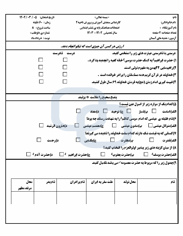 پیش‌نمایش صفحه اول سوالات هماهنگ هدیه های آسمان ششم ابتدایی ناحیه 4 مشهد با جواب  | خرداد 1404