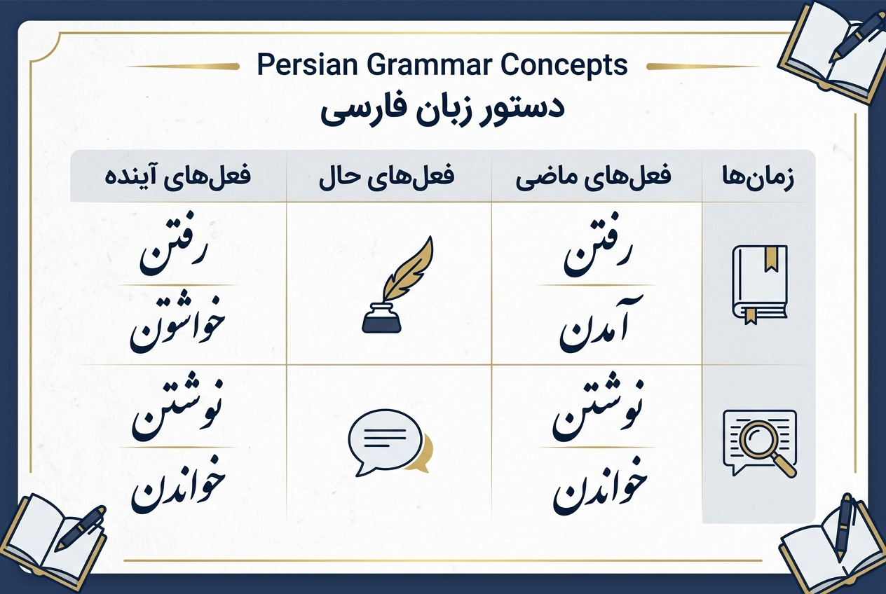 تصویر آموزش کامل انواع فعل در زبان فارسی (جدول + مثال‌های کاربردی)