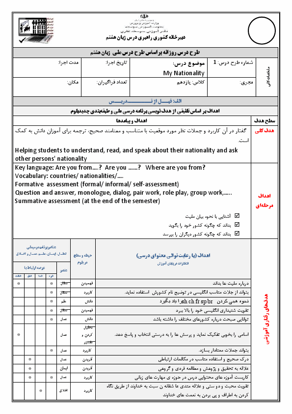 پیش‌نمایش صفحه اول طرح درس ماهانه زبان انگلیسی پایه هشتم