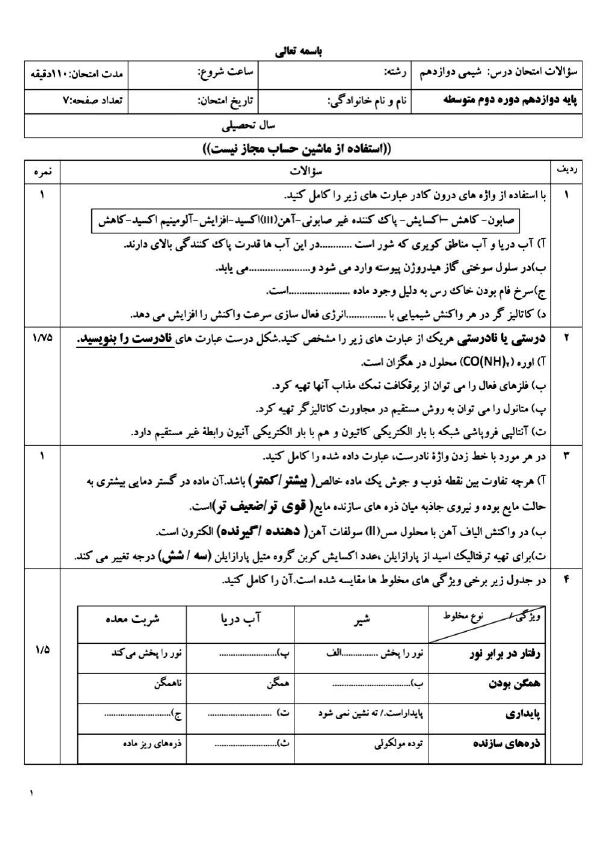پیش‌نمایش صفحه اول نمونه سوال آمادگی آزمون نهایی شیمی (3) دوازدهم | خرداد 1405