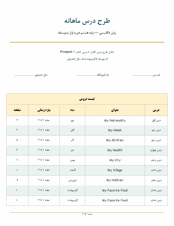 پیش‌نمایش صفحه اول طرح درس ماهانه زبان انگلیسی پایه هشتم