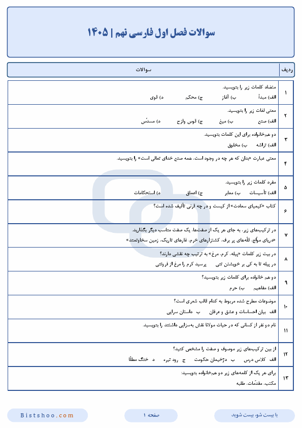 پیش‌نمایش صفحه اول نمونه سوالات مفهومی و پرتکرار فصل اول فارسی نهم با جواب