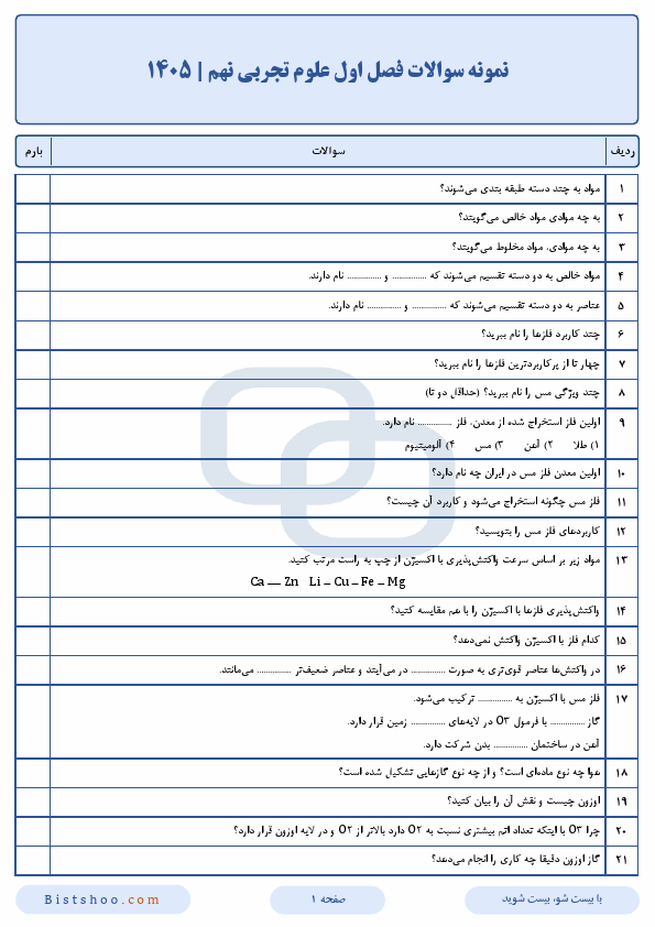 پیش‌نمایش صفحه اول نمونه سوالات مفهومی و پرتکرار فصل اول علوم تجربی نهم با جواب